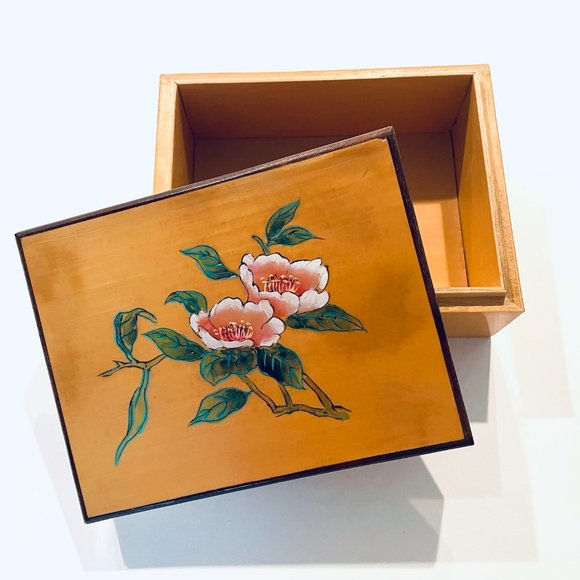 Folk Art Pink Lotus Hand Painted Humidor Rectangle Maple Box